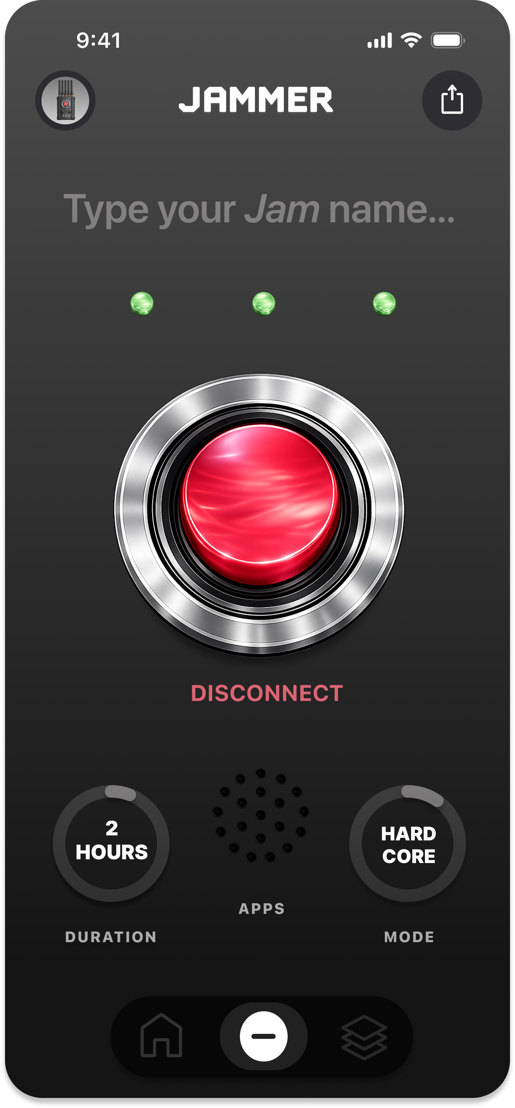Jammer disconnect screen with the big red button